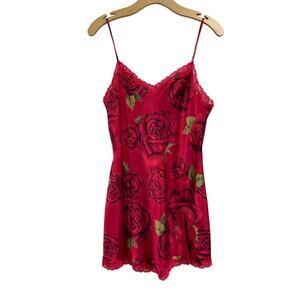 Y2K Victoria’s Secret Red Rose Satin Slip Mini Dress Sz M Lingerie Chic